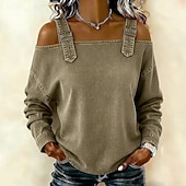 abordables Blusas Sencillas-Mujer Blusa Espalda al Aire Color sólido Elegante Vacaciones Vintage Manga Larga Hombros Caídos Tops regulares Diario Exterior Ropa de calle Azul Piscina Bleu Ciel Tela caqui oscura Negro Azul Oscuro