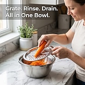 voordelige Fruit- &amp; Groentebenodigdheden-3-delige roestvrijstalen keukenset met geïntegreerde hakmolen, multifunctioneel filter en mengkom, ideaal voor het schoonmaken en snijden van fruit, groenten en kaas, perfect voor thuis koken,