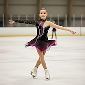 abordables Robes de Patinage Artistique-Figure Skating Dress Girls' Ice Skating Dress Violet Black Yellow Patchwork Open Back High Elasticity Training Competition Skating Wear Classic Crystal / Rhinestone Long Sleeve Ice Skating Figure