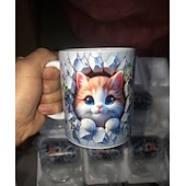 levne Šálky a hrnečky-Hrnek na kávu o objemu 293 ml s roztomilým 3D motivem kočky, králíka a ptáka, termohrnek z keramiky, opakovaně použitelný, pouze ruční mytí, rozkošný zvířecí design s květinami, perfektní dárek ke