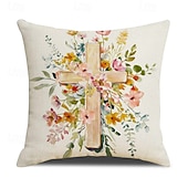 levne Hodte polštáře, vložky a kryty-Sada 4 lněných prodyšných povlaků na polštáře s potiskem velikonočních zajíčků, jarní domácí dekorativní povlaky na polštáře na pohovku