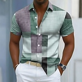  Pánské Geometrický Barevné bloky Slátanina Košile Košile na knoflíky Krátký rukáv Móda pro volný čas Denní Venkovní Dovolená Léto Jaro Přehnutý 3D tisk Len jako košile Vodní modrá Fialová Trávov