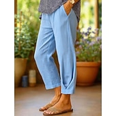  Damen Kunstbaumwollleinen Freizeithose Sommerhose Gerade Urlaub Basic Lässig Volle Länge Hohe Taille Einfach Tasche Bequem Weich Mikroelastisch Täglich Outdoor Straße Blau Weiß Hellgrün Himmelblau