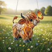 זול תליית קיר חיצונית-לוכד שמש של פרפר פרה בהילנד, תליית חלון אקרילית, קישוט לוכד שמש של חיות משק לבית, לחדר שמש, לגינה, מתנה לאוהבי פרות