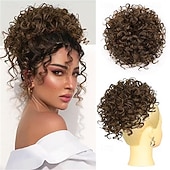 levne Drdoly-Nedbalý drdol pro ženy, 25 cm kudrnatý drdol, volné vlny, syntetické prodloužení vlasů, elastický stahovací drdol se šňůrkou pro každodenní použití (černý) 25 cm