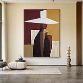 cheap People Paintings-handmade Elegant Minimalist Man and Woman with Hat Modern Figure Abstract Oil Painting For Dining Room Wall Art Decor Gift