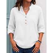 baratos Blusas Simples-Mulheres Blusa Botões Côr Sólida Diário à moda Casual Manga Longa Decote V Tops regulares Diário Preto Branco Roxo Verde Primavera Outono