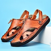 cheap Casual Sandals-Men's Brown Faux Leather Closed-Toe Sandals, Hand-Stitched Breathable Casual Shoes for Summer Outdoor &amp; Beach Wear
