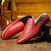 baratos Socas e Mules para Homem-Mocassins masculinos vermelhos em couro sintético – design elegante com perfurações para maior respirabilidade, perfeitos para o escritório, eventos formais e passeios casuais.