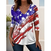  Ημέρα Αμερικανικής Ανεξαρτησίας Γυναικεία Μπλουζάκι Στάμπα Γραφική Αμερικάνικη σημαία Βίντατζ Στυλάτο Κλασσικό Μακρυμάνικο Λαιμόκοψη V Κανονικά μπλουζάκια Καθημερινά Σαββατοκύριακο