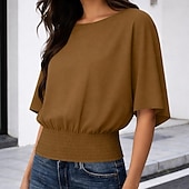 cheap Plain tee-Women's T Shirt Tee Smocked Waist Solid Color Stylish Casual Short Sleeve Batwing Sleeve Crew Neck Round Neck Regular Tops Daily Going out Black White Green Coffee Gray Summer Spring