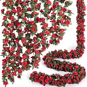 voordelige Kunstbloemen-8 stuks x 2,5 meter bloemenslinger van kunstmatige rozen met groene bladeren, hangende neprozenslinger voor kamer, feest, huis, bruiloft, verjaardag, kerst, muur, boogdecoratie, lente roze bloemen