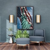 cheap Holiday Paintings-America 250 Years Handmade Oil Painting Canvas Wall Art Decoration Stars Stripes Statueo of Liberty for Home Decor Rolled Frameless Unstretched Painting