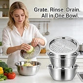 voordelige Fruit- &amp; Groentebenodigdheden-3-delige roestvrijstalen keukenset met geïntegreerde hakmolen, multifunctioneel filter en mengkom, ideaal voor het schoonmaken en snijden van fruit, groenten en kaas, perfect voor thuis koken,