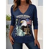  Amerikan itsenäisyyspäivä Naisten T-paita Painettu Kuvitettu Amerikan lippu Vintage Tyylikäs Vapaa-aika Pitkähihainen V kaula-aukko Tavalliset topit Päivittäin Viikonloppu Sininen Valkoinen Laivaston