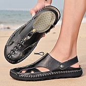 cheap Casual Sandals-Men's Brown Faux Leather Closed-Toe Sandals, Hand-Stitched Breathable Casual Shoes for Summer Outdoor &amp; Beach Wear