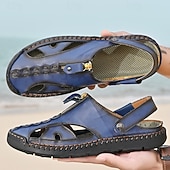 cheap Casual Sandals-Men's Brown Faux Leather Closed-Toe Sandals, Hand-Stitched Breathable Casual Shoes for Summer Outdoor &amp; Beach Wear