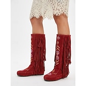 abordables Mujeres-Botas hasta la rodilla de gamuza sintética bordada con flecos para mujer, estilo bohemio para festivales y ropa informal