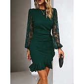 ieftine Rochie simplă-Pentru femei Rochie Mini Rochie teacă Elegant Petrecere cocktail În aer liber Petrecere Invitat la nunta Dantelă Peteci Fit regulat Culoare solidă Manșon Lung Stil Nautic Negru Roșu Vin Verde Închis