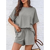 billiga Blusdräkter för kvinnor-Dam Set med shorts Bolero Top Kortärmad Rund hals Ensfärgat Snörning Mode Streetwear Ledigt Dagligen Utomhus Blå Svart Brun Sommar Lös passning
