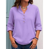 baratos Blusas Simples-Mulheres Blusa Botões Côr Sólida Diário à moda Casual Manga Longa Decote V Tops regulares Diário Preto Branco Roxo Verde Primavera Outono