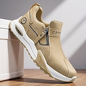 cheap Slip-On Casual Shoes-Men's Khaki and Black Slip-On Sneakers with Side Zipper, Lightweight Athletic Casual Shoes for Daily Walking, Travel and Outdoor Activities