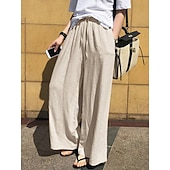 preiswerte Wesentliche Falsche Unterteile-Damen Kunstbaumwollleinen Weites Bein Chinos Sommerhose Urlaub Mode Streetwear Volle Länge Hohe Taille Einfach Tasche Elastischer Bund Bequem Komfort Weich Dehnbar Täglich Outdoor Straße Marineblau