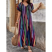 voordelige Gestreepte &amp; Geometrische Jurken-Dames Maxi-jurk Casual jurk T shirt jurk A lijn jurk Modieus Modern Dagelijks Vakantie Uitgaan Ruim Passend Gestreept Korte mouw V-hals blauw Blozend Roze Rood Paars Zomer Lente