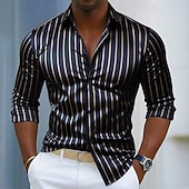 baratos Camisas de cetim masculinas-Homens Camisa Social Blusa de cetim Saia camisa de botão Camisa de formatura Tiras verticais O negócio Casamento Preto Vinho Azul Marinha Verde Manga Longa Aberto para a Lateral Todas as Estações
