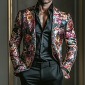baratos Blazers Impressos Masculinos-Homens Estampa floral Jaqueta Blazer Casaco Da Moda Confortável Respirável Artistíco Casual Diário Festa Formal Impressão 3D Botões Bolso multi Outono &amp; inverno Primavera Entalhe Manga Longa Azul
