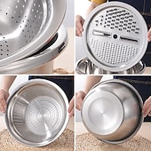 voordelige Fruit- &amp; Groentebenodigdheden-3-delige roestvrijstalen keukenset met geïntegreerde hakmolen, multifunctioneel filter en mengkom, ideaal voor het schoonmaken en snijden van fruit, groenten en kaas, perfect voor thuis koken,