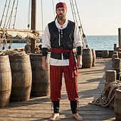 economico Outfit-Set Retrò Vintage Medievale Rinascimento Pantaloni Copricapo Gilet con accessori Lunghe Pirata Girocollo Costume Per uomo Halloween Carnevale Fiera Rinascimentale LARP Adulti Gilet Camicia Pantaloni