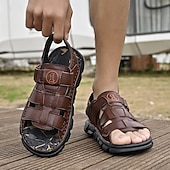 cheap Outdoor Sandals-Men's Faux Leather Velcro Strap Sandals, Breathable and Adjustable for Summer Vacations, Beach Days and Relaxed Casual Wear