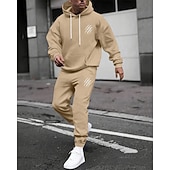 preiswerte einfache Trainingsanzüge-Herren Trainingsanzug Outfit-Set Kapuzenpullover Set Kapuzenpullover Täglich Outdoor Sport Kordelzug Tasche Buchstabe a Marineblau Aprikose Polyester Sportkleidung Mode Streetwear Herbst