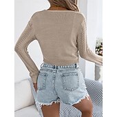 preiswerte Einfarbiger Cardigan-Damen Pullover Strickjacke Urlaub Mode Lässig Einfarbig Gehäkelt V Ausschnitt Schnürung Gestrickt Langarm Crop Tops Stricken Täglich Outdoor Wochenende Schwarz Weiß Sommer Frühling