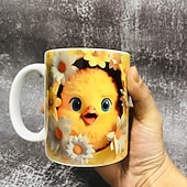 levne Šálky a hrnečky-Hrnek na kávu o objemu 293 ml s roztomilým 3D motivem kočky, králíka a ptáka, termohrnek z keramiky, opakovaně použitelný, pouze ruční mytí, rozkošný zvířecí design s květinami, perfektní dárek ke