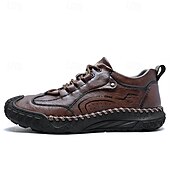 cheap Casual Lace-Up Shoes-Men's Brown Hand-Stitched Faux Leather Hiking Shoes – Rugged Casual Footwear for Outdoor Trekking &amp; Daily Street Style