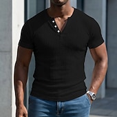 ieftine Tricou din tricot cu nervuri-Bărbați Tricou Cămașă musculară Tricou din tricot cu nervuri Tee Top Manșon scurt Mânecă scurtă În V Henley Vară Primăvară Toate Sezoanele Simplu Pit Strip Modă Designer De Bază Nasturi Casual