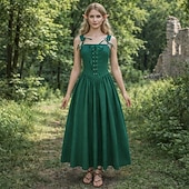 cheap Dresses-Vintage Medieval Renaissance Long Length Dress Fairy Lace up A-Line Fancy Dress Women's Fantasy Halloween Carnival Masquerade Renaissance Fair LARP Retro Theme Party Adults Dress