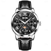 お買い得  機械式腕時計-OLEVS 男性 機械式時計 クリエイティブ 贅沢 ファッション ビジネス スケルトン 自動巻き トゥールビヨン ムーンフェイズ表示 ステンレス レザー 腕時計