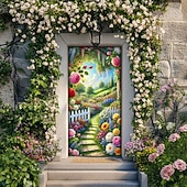 baratos Tampas da porta-Capa para porta com estampa de jardim de rosas, caminho de cerca de estacas com flores em 2D, decoração elegante para entrada de casa, perfeita para porta da frente ou hall de entrada.