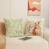 voordelige Decoratieve kussenslopen-Set van 4 paasbloemen kussenhoezen met konijntjesmotief, linnen sierkussenhoezen, lente decoratieve bankkussenhoezen