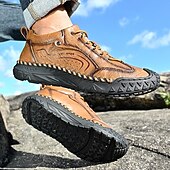 cheap Casual Lace-Up Shoes-Men's Brown Hand-Stitched Faux Leather Hiking Shoes – Rugged Casual Footwear for Outdoor Trekking &amp; Daily Street Style