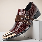 economico Scarpe Eleganti Classiche-Men's Genuine Leather Burgundy Snakeskin Dress Shoes, Stylish Double Monk Strap Shoes for Weddings, Luxury Footwear for Groom and Wedding Guests