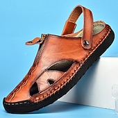 cheap Casual Sandals-Men's Brown Faux Leather Closed-Toe Sandals, Hand-Stitched Breathable Casual Shoes for Summer Outdoor &amp; Beach Wear