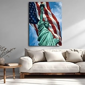 cheap Holiday Paintings-America 250 Years Handmade Oil Painting Canvas Wall Art Decoration Stars Stripes Statueo of Liberty for Home Decor Rolled Frameless Unstretched Painting