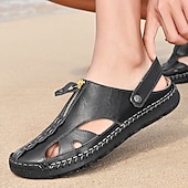 cheap Casual Sandals-Men's Brown Faux Leather Closed-Toe Sandals, Hand-Stitched Breathable Casual Shoes for Summer Outdoor &amp; Beach Wear