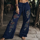 お買い得  グラフィックパンツ-レディース ワイドレッグ スラックス ボヘミアン フルレングス ナチュラルフラワー ポケットプリント 伸縮性 ドローストリングデザイン 快適 アウトドア バケーション 週末 グリーン サマー レギュラーフィット