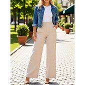 baratos perna larga e cintura alta-Mulheres Perna larga chinês Elegante Moda Roupa de rua Comprimento total Cintura Alta Tecido Confortável Macio Micro-Elástica Ao ar livre Escritório Rua Azul Preto Branco Marron Primavera Outono