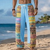 abordables Pantalons décontractés imprimés pour hommes-Homme Géométrique Ethnique Art abstrait Pantalons Pantalon décontracté Pantalons Amples Taille Moyenne Mode Maison Extérieur Vacances Taille élastique avec cordon de serrage Pantalon en lin avec